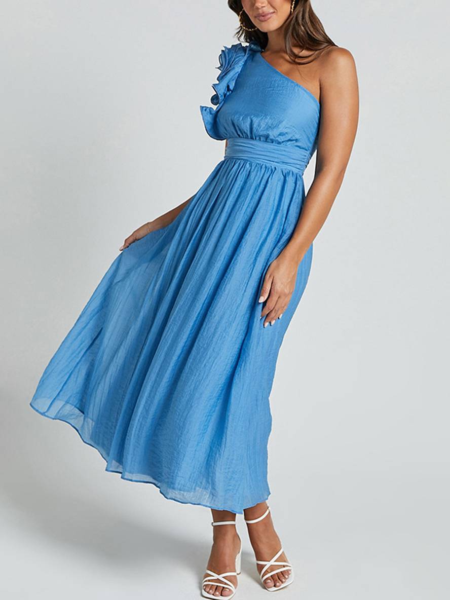 Cocolii robe longue une épaule fluide à volantée dos nu sans manches femme élégant décontracté de plage