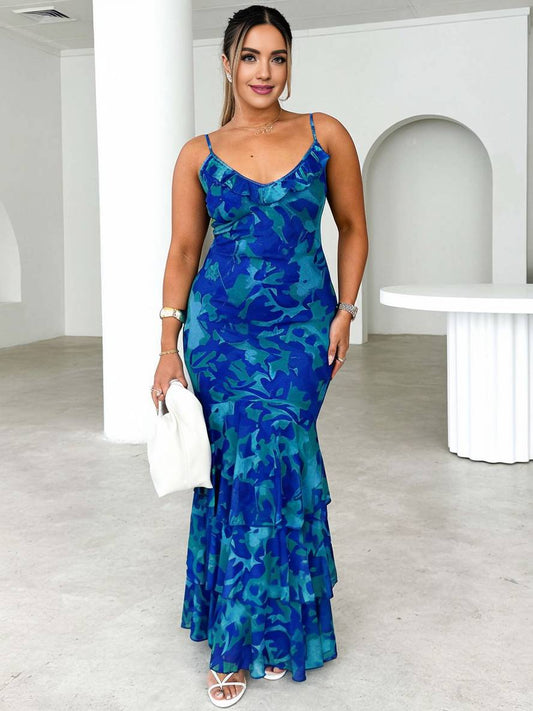 Cocolii robe longue moulante imprimé à fleurie à volantée sirene v-cou sans manches femme hawaienne décontracté de plage