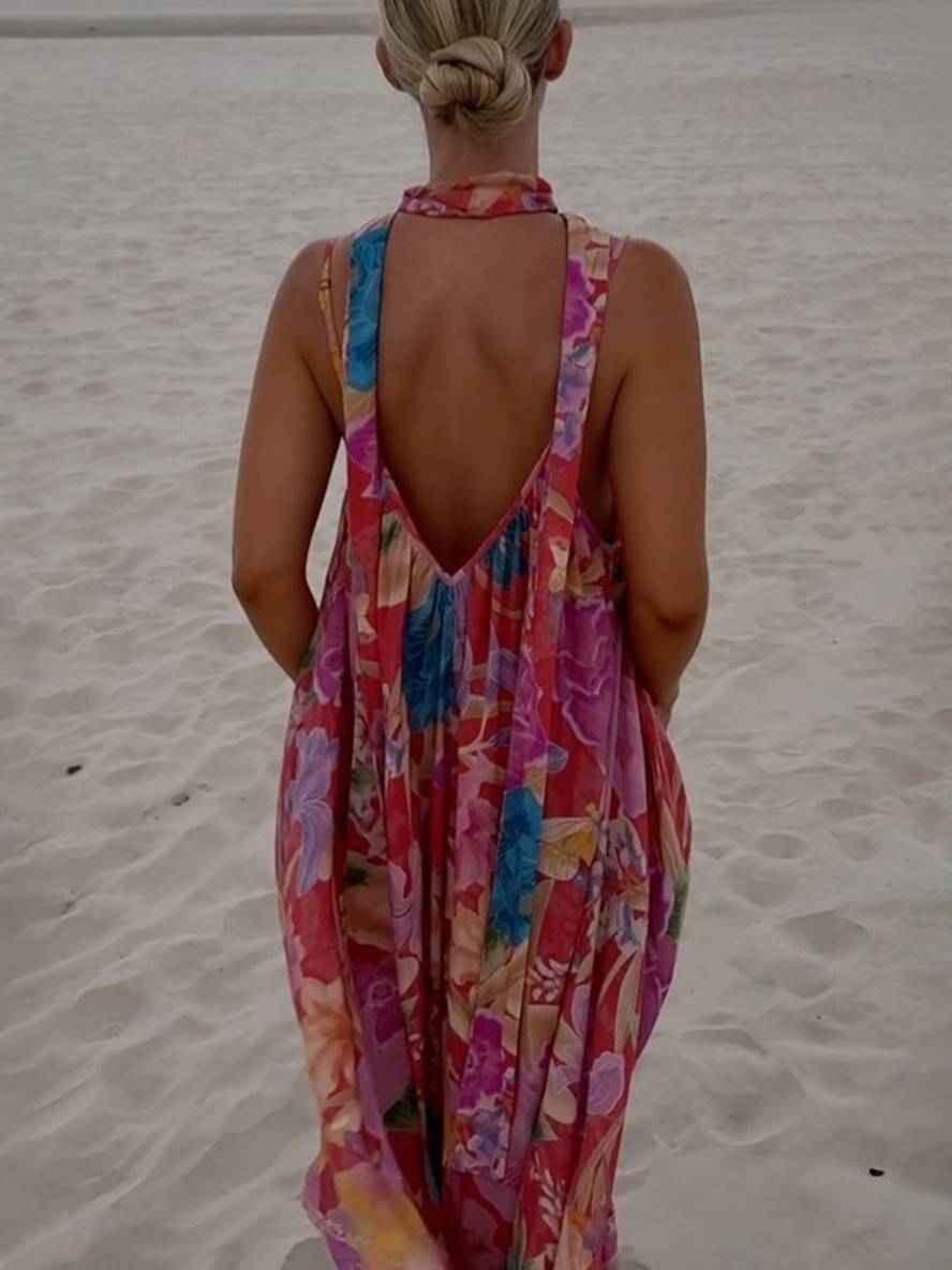 Cocolii robe longue imprimé à fleurie à fines brides sans manches femme élégant décontracté lâche ample hawaienne de plage