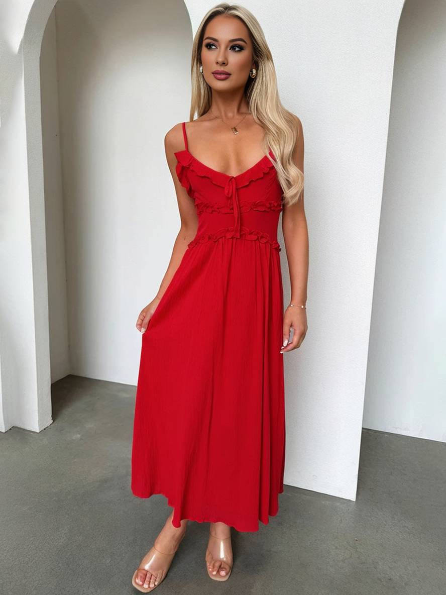 Cocolii robe longue v-cou à volantée fluide à fines brides sans manches femme élégant de plage