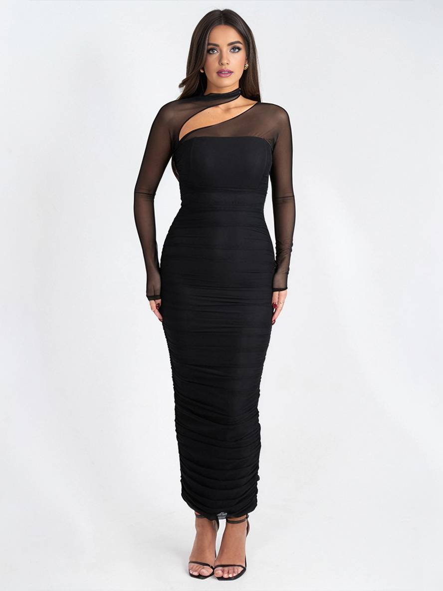 Cocolii robe longue découpes moulante tulle bustier dos nu col rond manches longues femme décontracté de soirée bal de promo