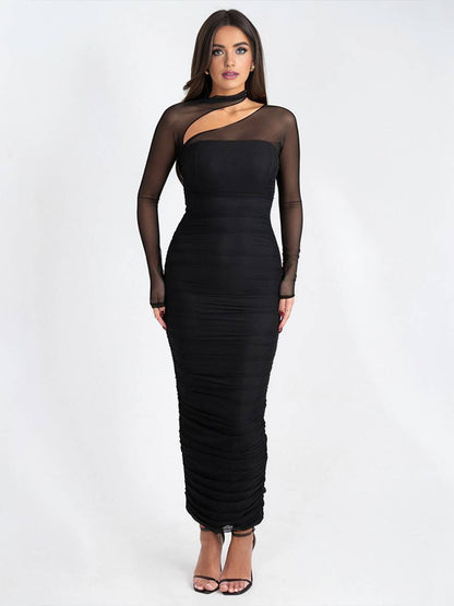 Cocolii robe longue découpes moulante tulle bustier dos nu col rond manches longues femme décontracté de soirée bal de promo