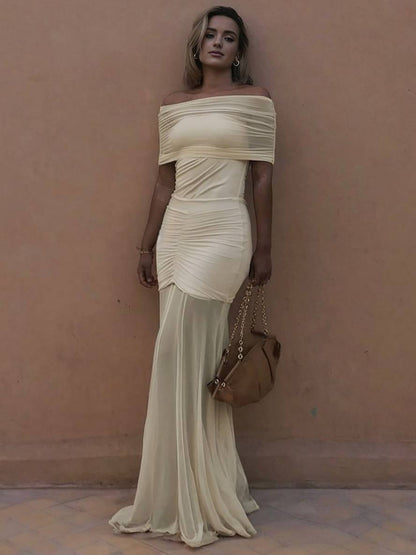 Cocolii robe longue moulante col bateau sans manches tulle fluide femme élégant de soirée pour mariage cérémonie