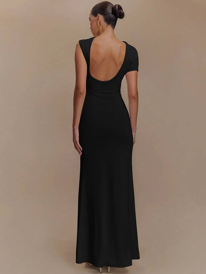 Cocolii robe longue découpes moulante nœud dos nu manches courtes femme élégant décontracté robe de soirée fete