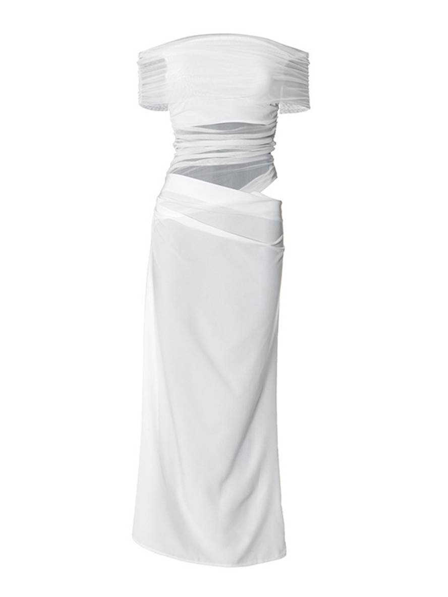 Cocolii robe longue col bateau tulle découpes moulante irrégulière avec fronces en maille femme robe longue de vacances