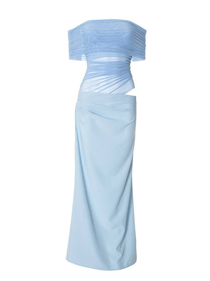 Cocolii robe longue col bateau tulle découpes moulante irrégulière avec fronces en maille femme robe longue de vacances