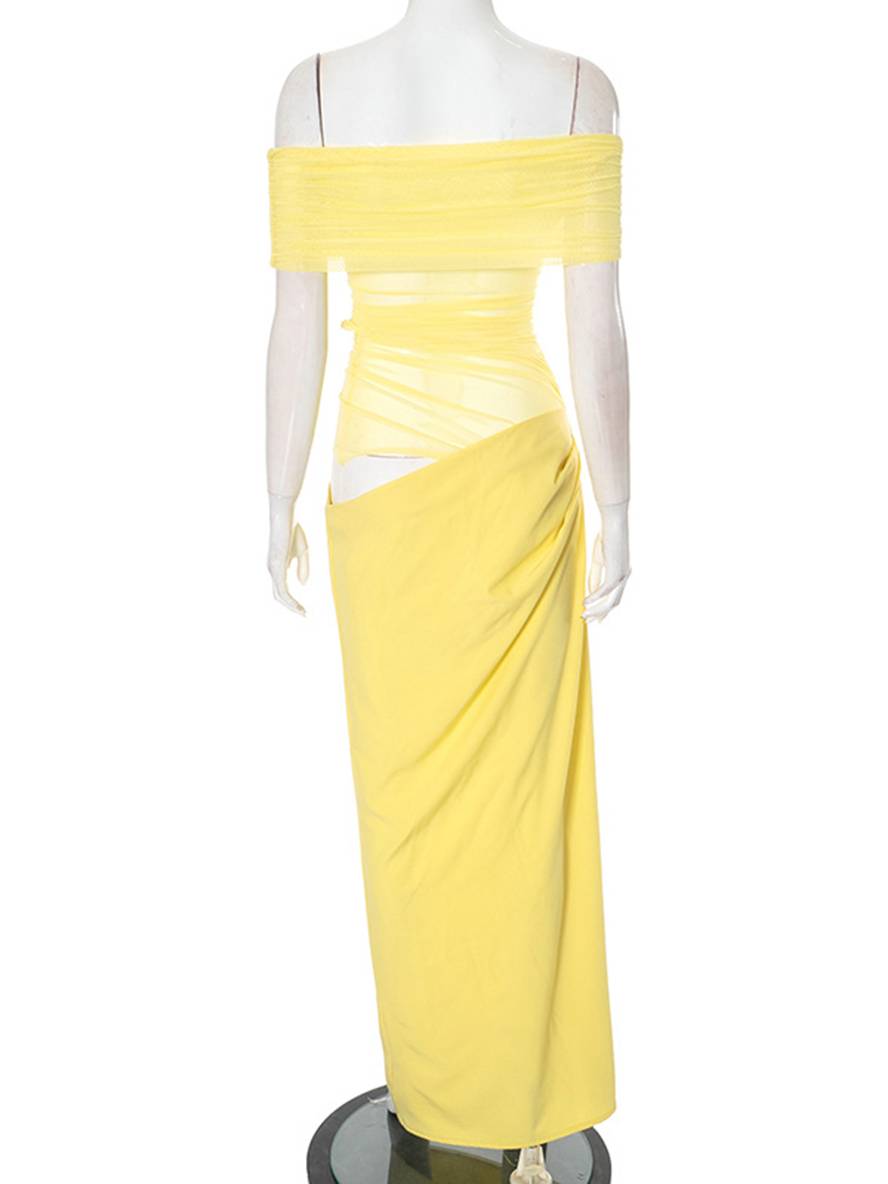 Cocolii robe longue col bateau tulle découpes moulante irrégulière avec fronces en maille femme robe longue de vacances