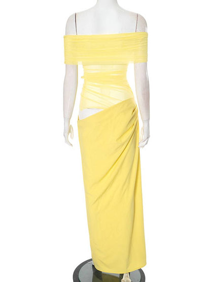 Cocolii robe longue col bateau tulle découpes moulante irrégulière avec fronces en maille femme robe longue de vacances