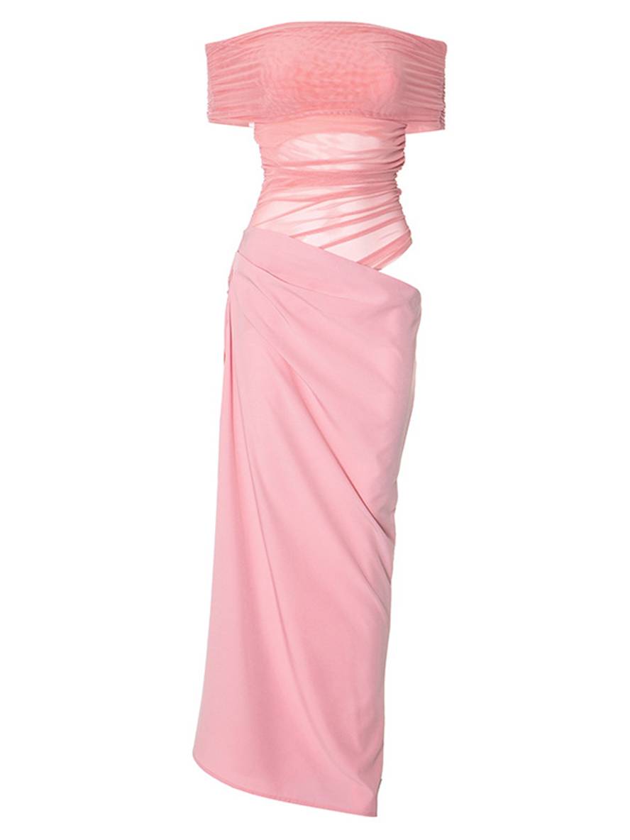 Cocolii robe longue col bateau tulle découpes moulante irrégulière avec fronces en maille femme robe longue de vacances