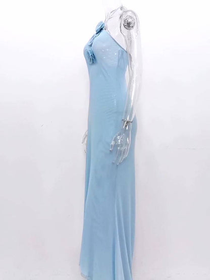 Cocolii robe longue de vacances tulle fleurie licou dos nu sans manches femme casual élégant bal de promo de plage