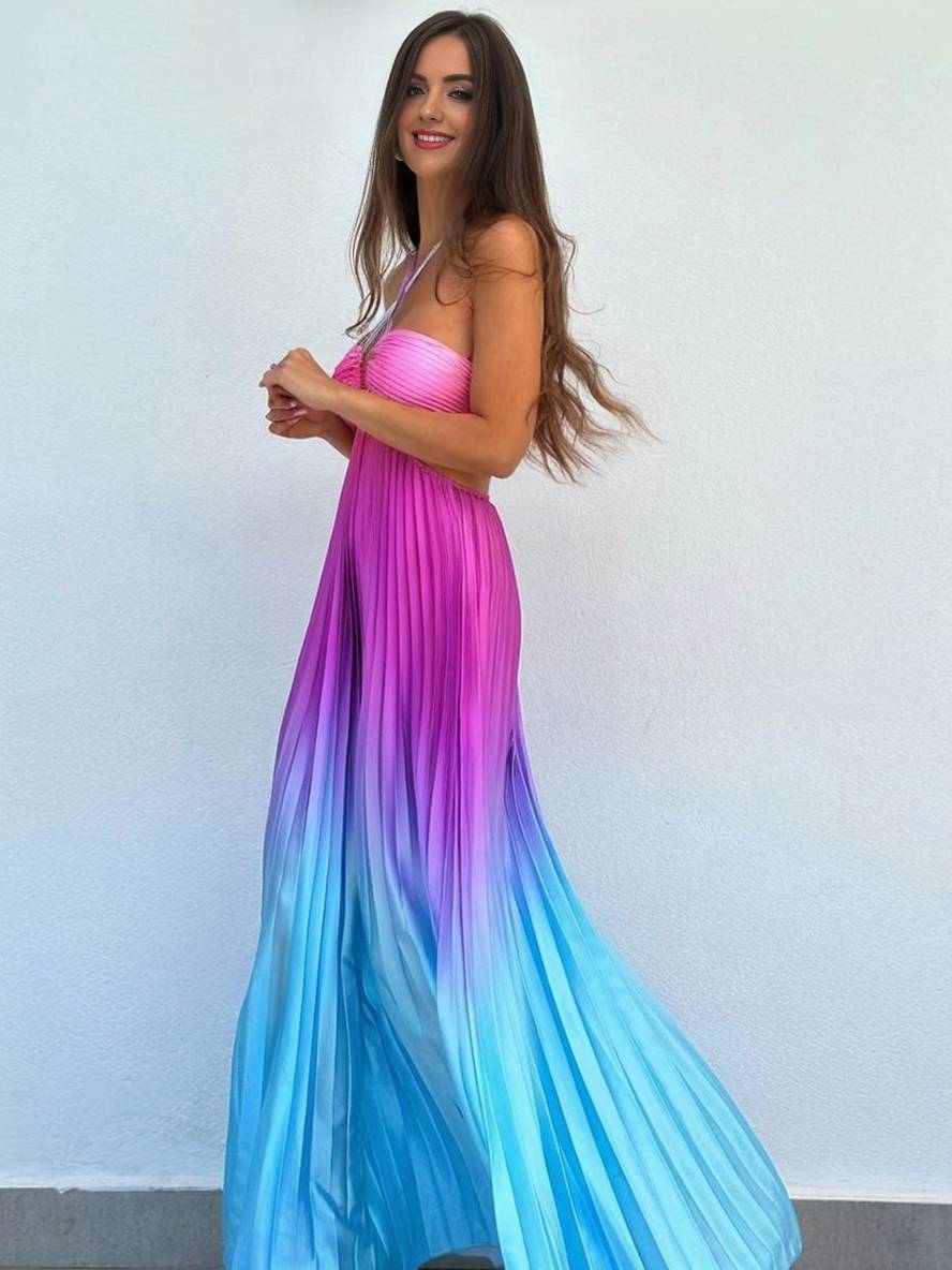 Cocolii robe longue couleur dégradé plissé licou sans manches femme décontracté de soirée plage robe de vacances d'été