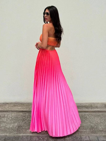 Cocolii robe longue couleur dégradé plissé licou sans manches femme décontracté de soirée plage robe de vacances d'été