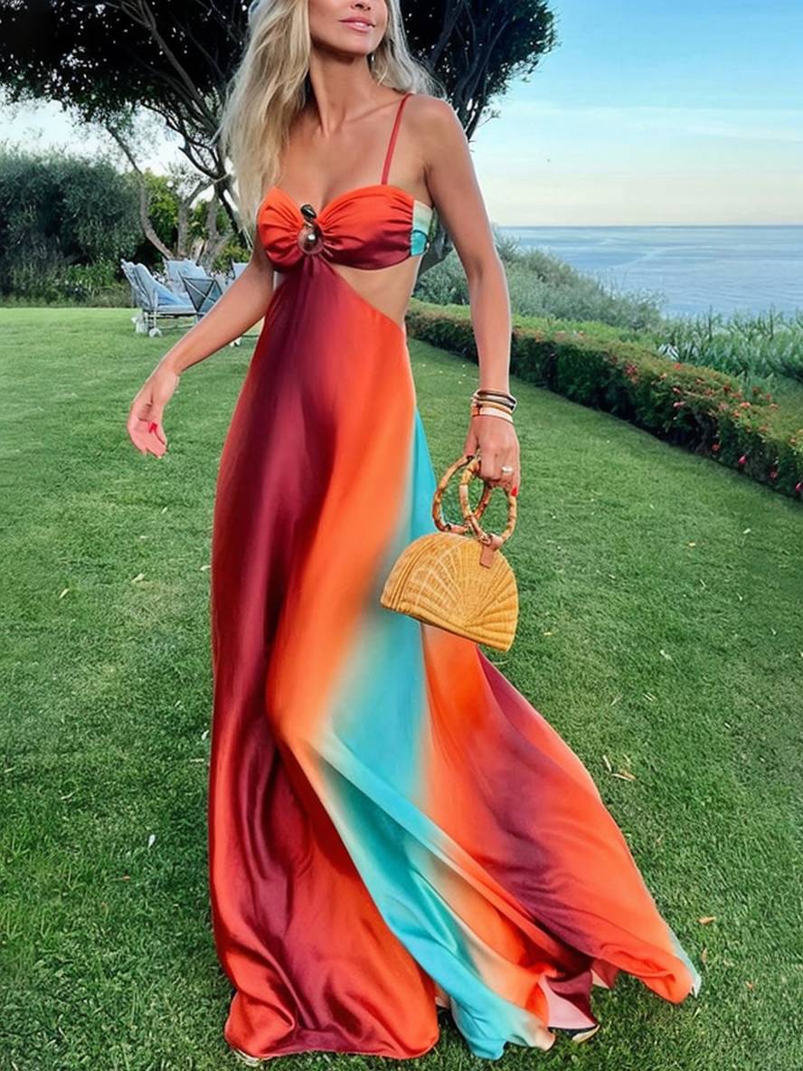 Cocolii robe longue découpes trapèze couleur dégradé bustier à fines brides dos nu sans manches femme décontracté de plage