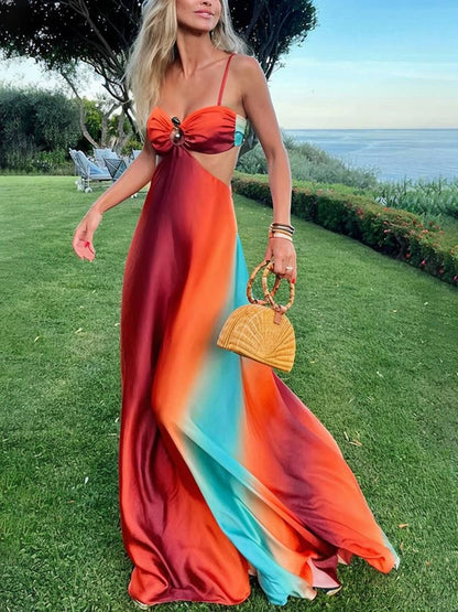 Cocolii robe longue découpes trapèze couleur dégradé bustier à fines brides dos nu sans manches femme décontracté de plage