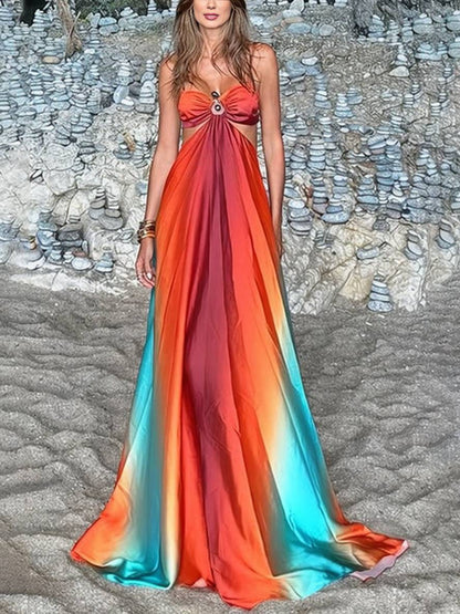 Cocolii robe longue découpes trapèze couleur dégradé bustier à fines brides dos nu sans manches femme décontracté de plage