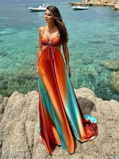 Cocolii robe longue découpes trapèze couleur dégradé bustier à fines brides dos nu sans manches femme décontracté de plage