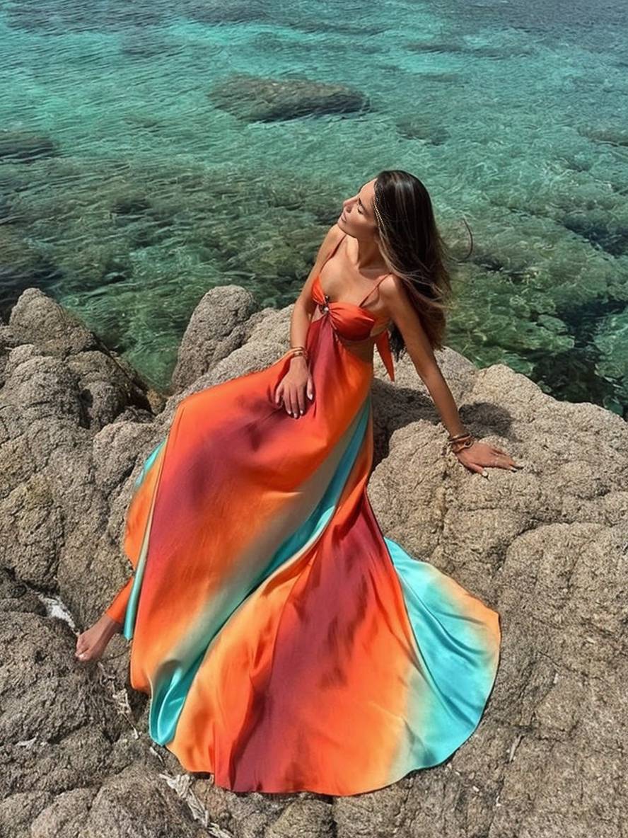 Cocolii robe longue découpes trapèze couleur dégradé bustier à fines brides dos nu sans manches femme décontracté de plage