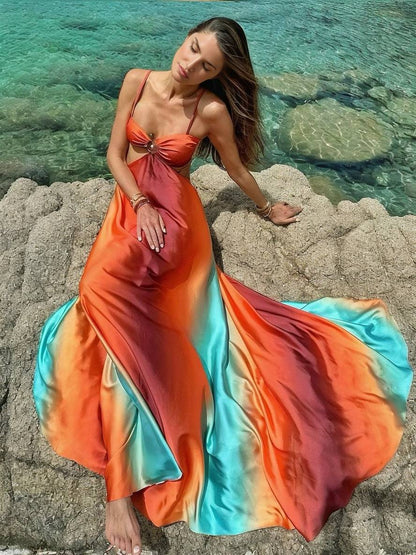 Cocolii robe longue découpes trapèze couleur dégradé bustier à fines brides dos nu sans manches femme décontracté de plage