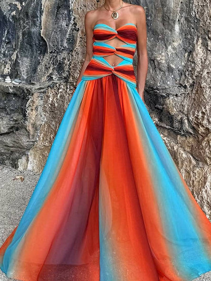 Cocolii robe longue couleur dégradé mousseline bustier sans manches femme élégant décontracté hawaienne de soirée plage