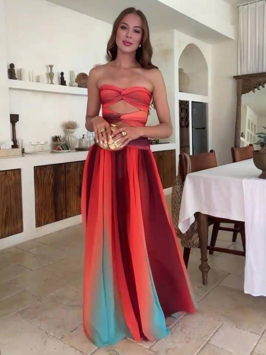 Cocolii robe longue couleur dégradé mousseline bustier sans manches femme élégant décontracté hawaienne de soirée plage