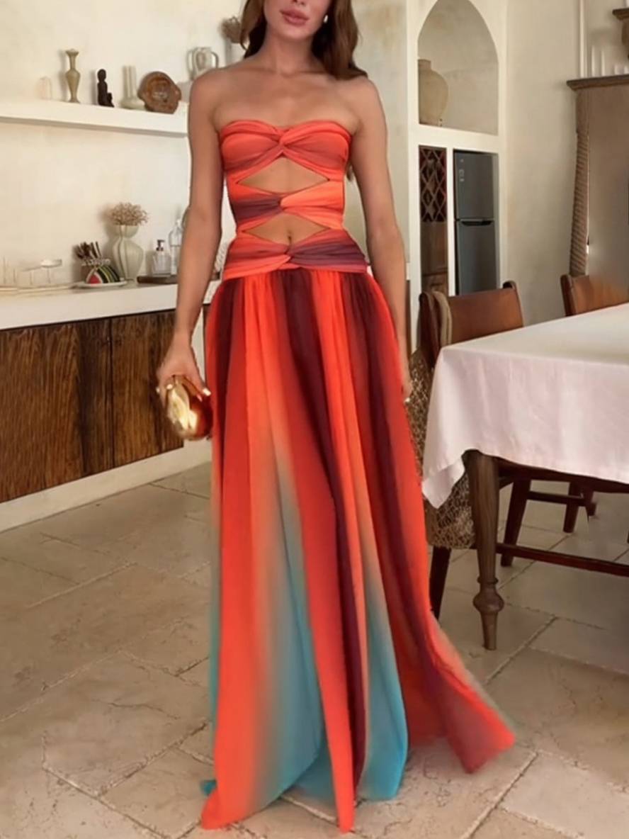 Cocolii robe longue couleur dégradé mousseline bustier sans manches femme élégant décontracté hawaienne de soirée plage