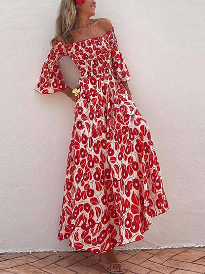 Cocolii robe longue imprimé à fleurie manches évasées manches au coude femme élégant décontracté hawaienne casual de plage