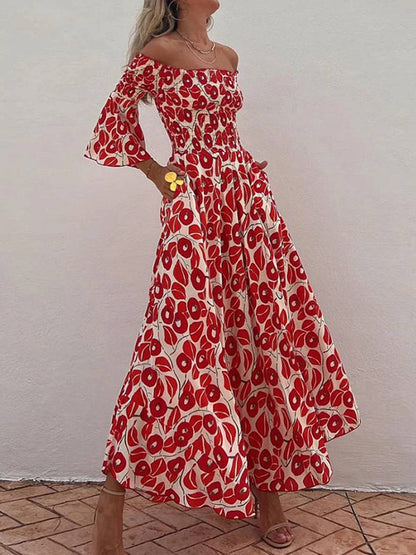 Cocolii robe longue imprimé à fleurie manches évasées manches au coude femme élégant décontracté hawaienne casual de plage