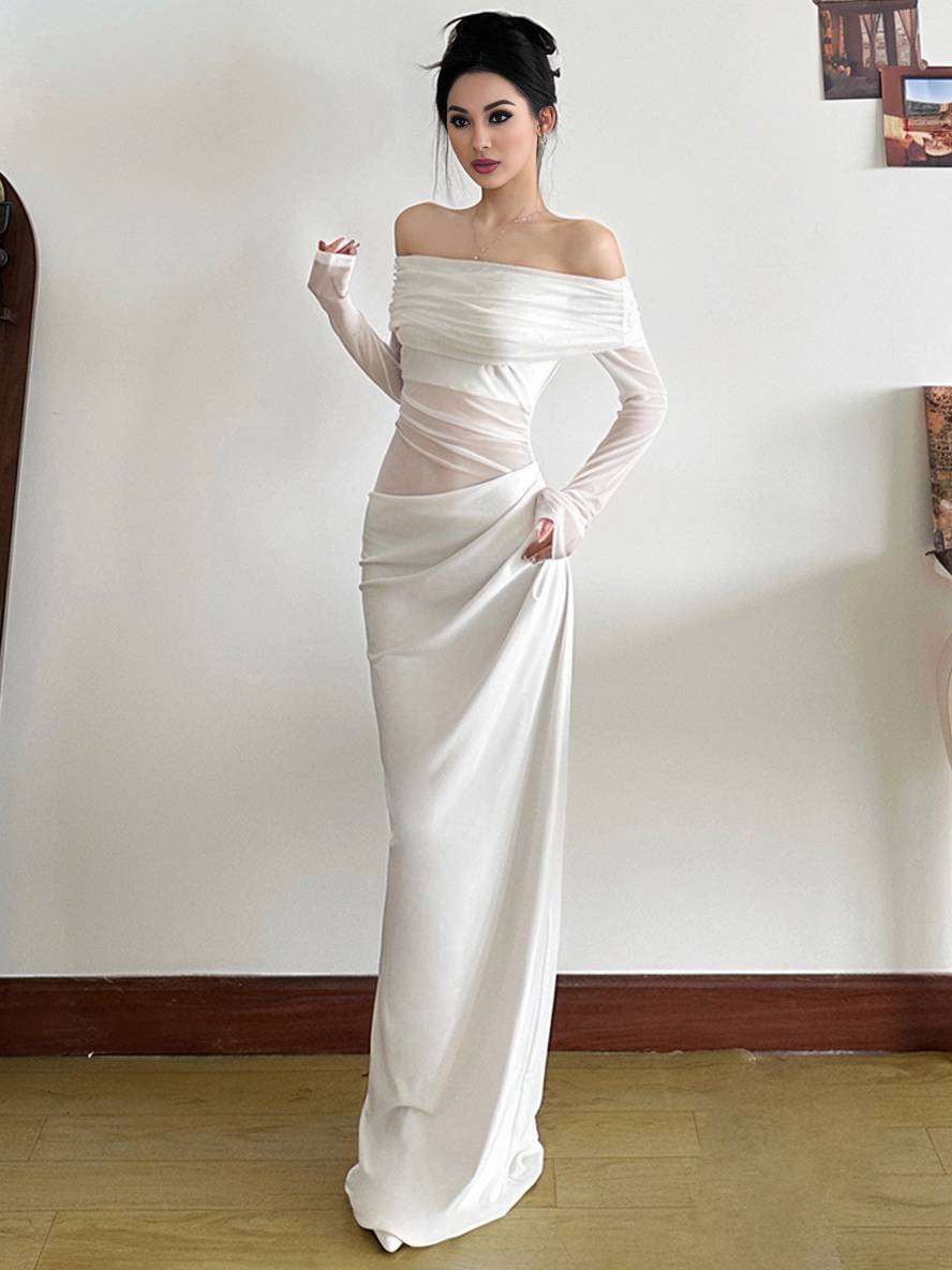 Cocolii robe longue moulante tulle avec épaules dénudées manches longues maille et effet ajouré décontracté robe de bal