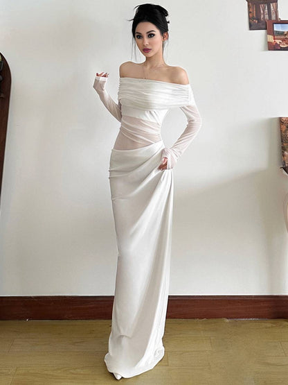 Cocolii robe longue moulante tulle avec épaules dénudées manches longues maille et effet ajouré décontracté robe de bal