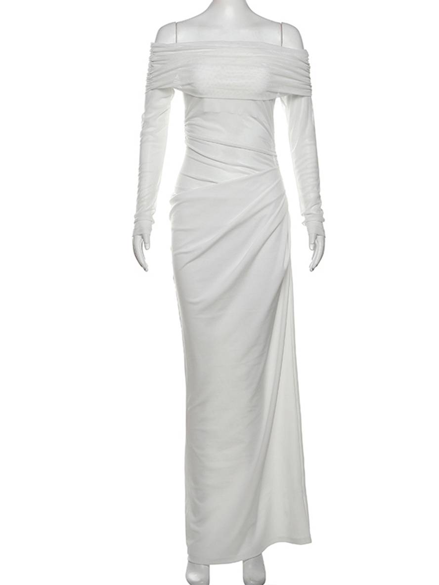 Cocolii robe longue moulante tulle avec épaules dénudées manches longues maille et effet ajouré décontracté robe de bal