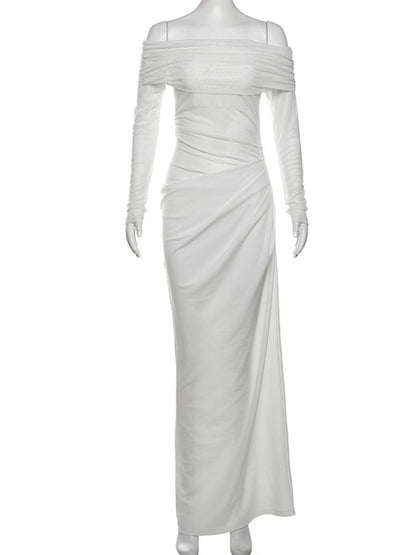 Cocolii robe longue moulante tulle avec épaules dénudées manches longues maille et effet ajouré décontracté robe de bal