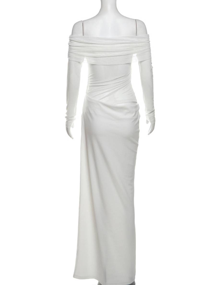 Cocolii robe longue moulante tulle avec épaules dénudées manches longues maille et effet ajouré décontracté robe de bal