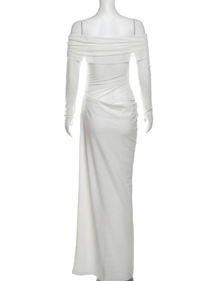 Cocolii robe longue moulante tulle avec épaules dénudées manches longues maille et effet ajouré décontracté robe de bal