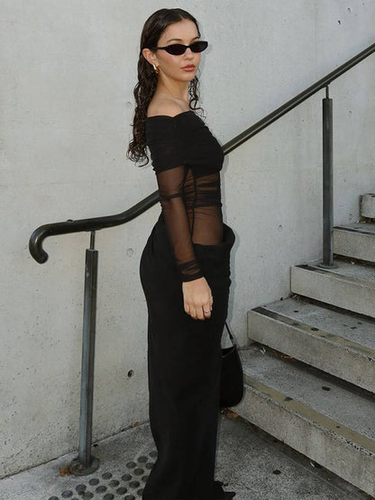 Cocolii robe longue moulante tulle avec épaules dénudées manches longues maille et effet ajouré décontracté robe de bal