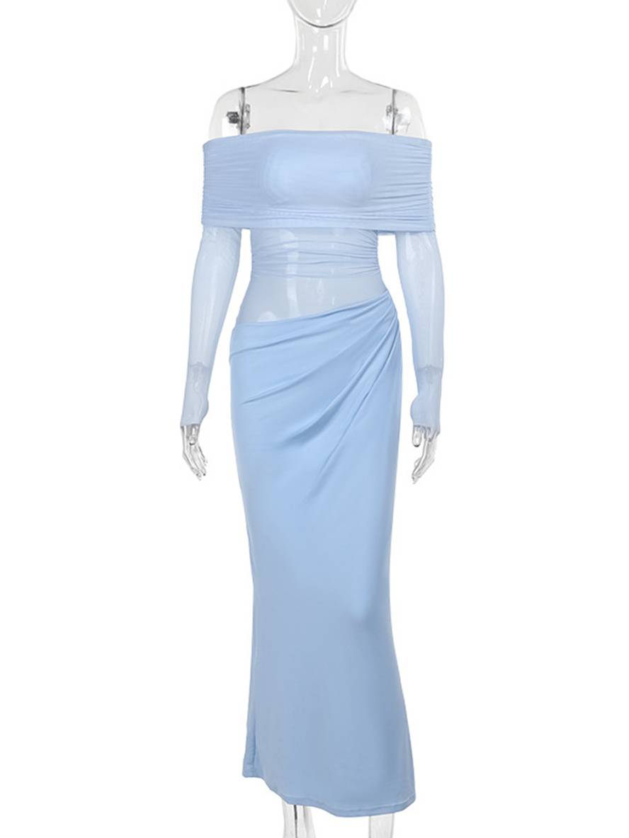 Cocolii robe longue moulante tulle avec épaules dénudées manches longues maille et effet ajouré décontracté robe de bal