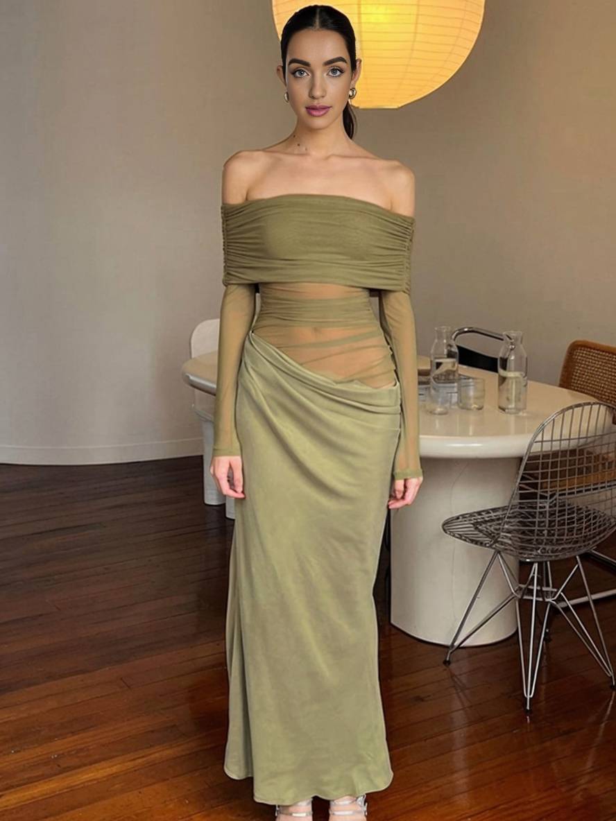 Cocolii robe longue moulante tulle avec épaules dénudées manches longues maille et effet ajouré décontracté robe de bal