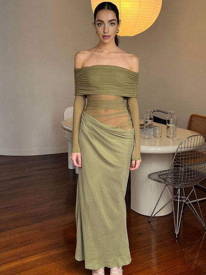 Cocolii robe longue moulante tulle avec épaules dénudées manches longues maille et effet ajouré décontracté robe de bal