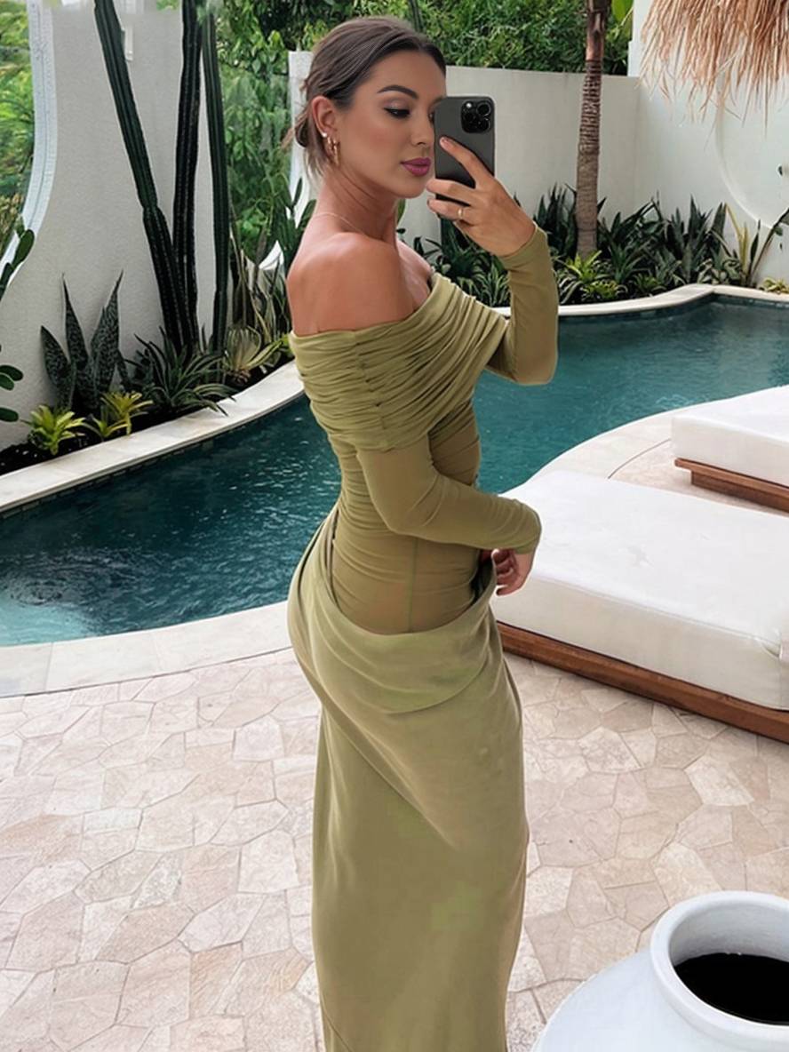 Cocolii robe longue moulante tulle avec épaules dénudées manches longues maille et effet ajouré décontracté robe de bal