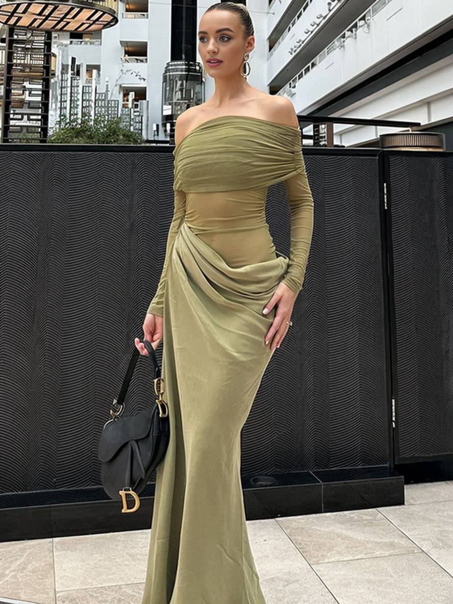 Cocolii robe longue moulante tulle avec épaules dénudées manches longues maille et effet ajouré décontracté robe de bal