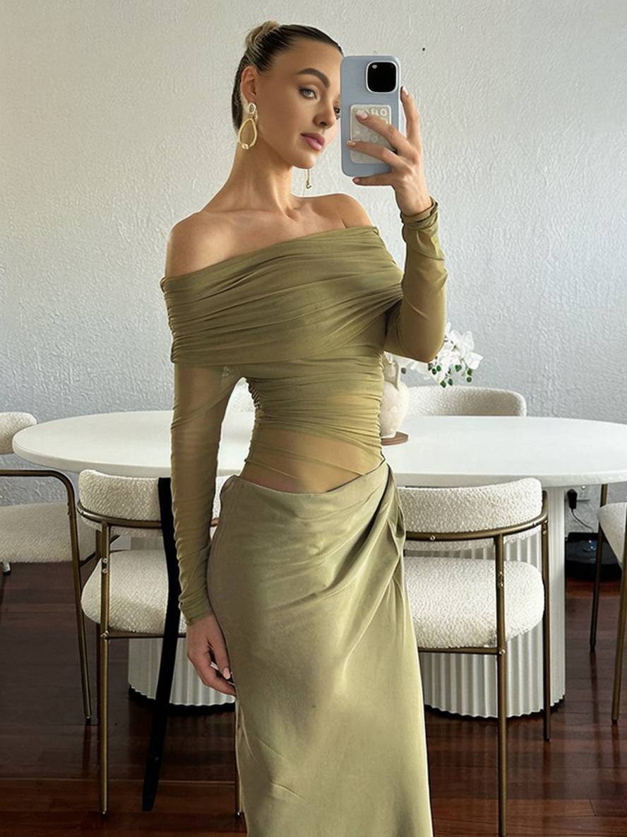 Cocolii robe longue moulante tulle avec épaules dénudées manches longues maille et effet ajouré décontracté robe de bal