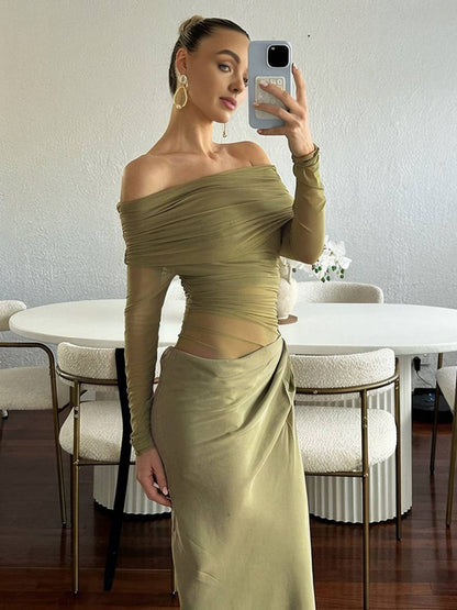 Cocolii robe longue moulante tulle avec épaules dénudées manches longues maille et effet ajouré décontracté robe de bal