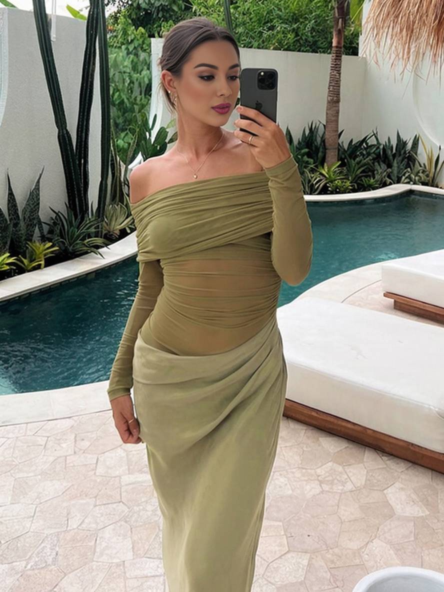 Cocolii robe longue moulante tulle avec épaules dénudées manches longues maille et effet ajouré décontracté robe de bal