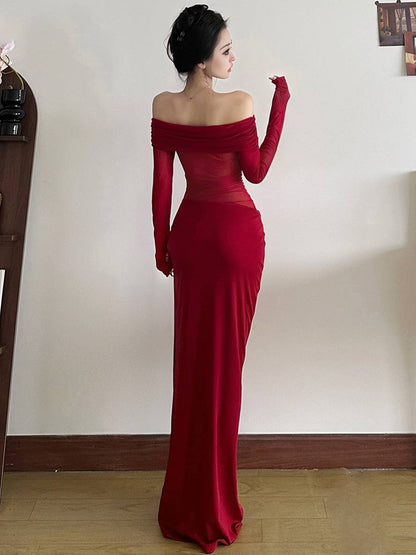 Cocolii robe longue moulante tulle avec épaules dénudées manches longues maille et effet ajouré décontracté robe de bal