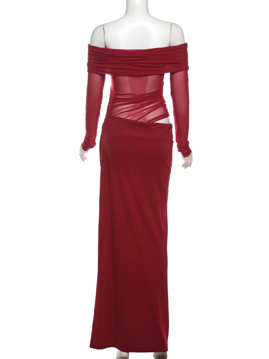 Cocolii robe longue moulante tulle avec épaules dénudées manches longues maille et effet ajouré décontracté robe de bal