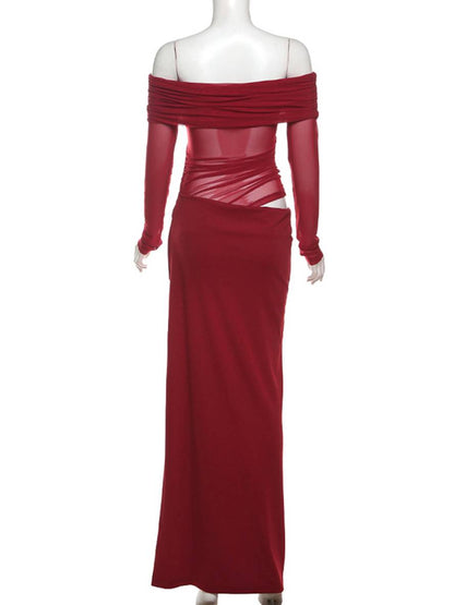 Cocolii robe longue moulante tulle avec épaules dénudées manches longues maille et effet ajouré décontracté robe de bal