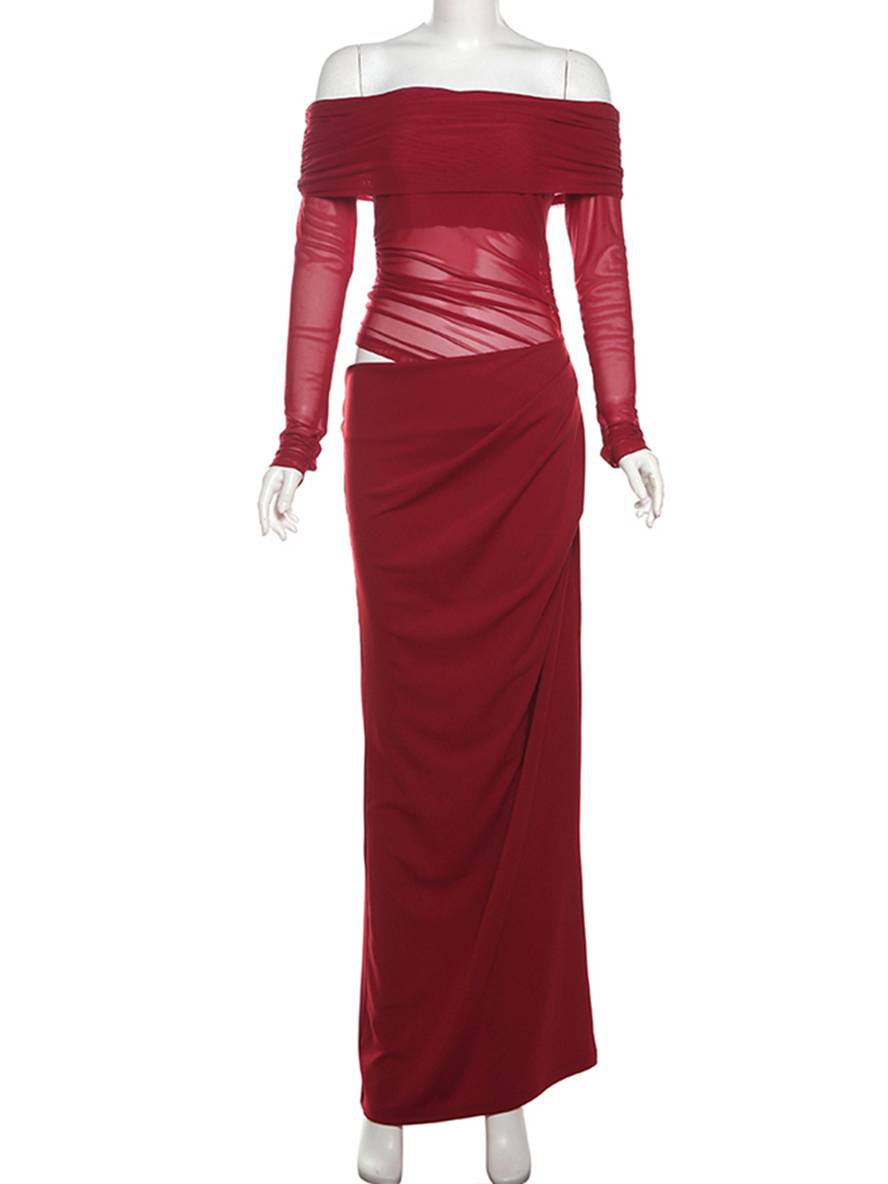 Cocolii robe longue moulante tulle avec épaules dénudées manches longues maille et effet ajouré décontracté robe de bal