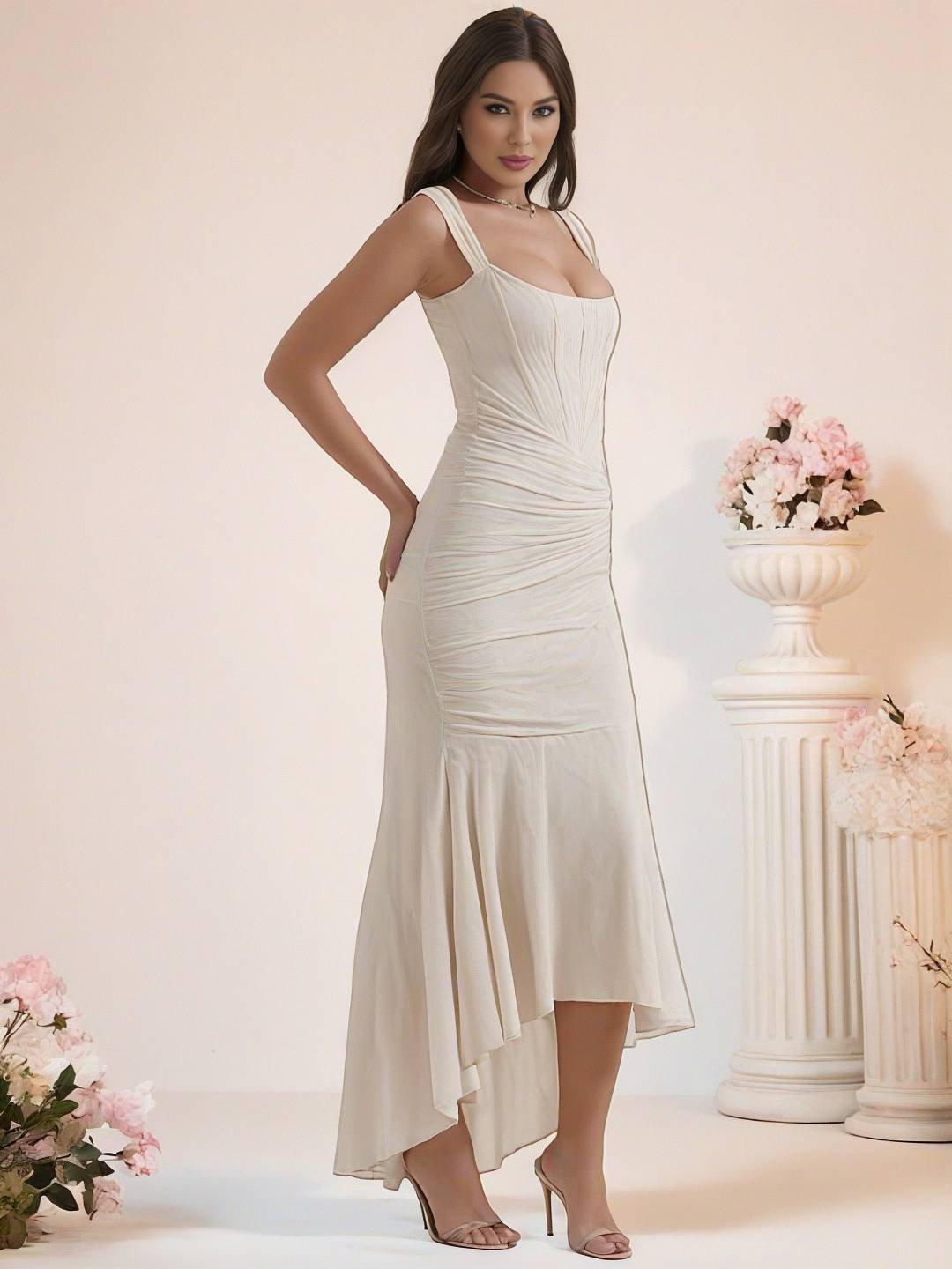 Cocolii longue robe de soirée moulante dentelle sirene bustier col bateau sans manches femme élégant cérémonie