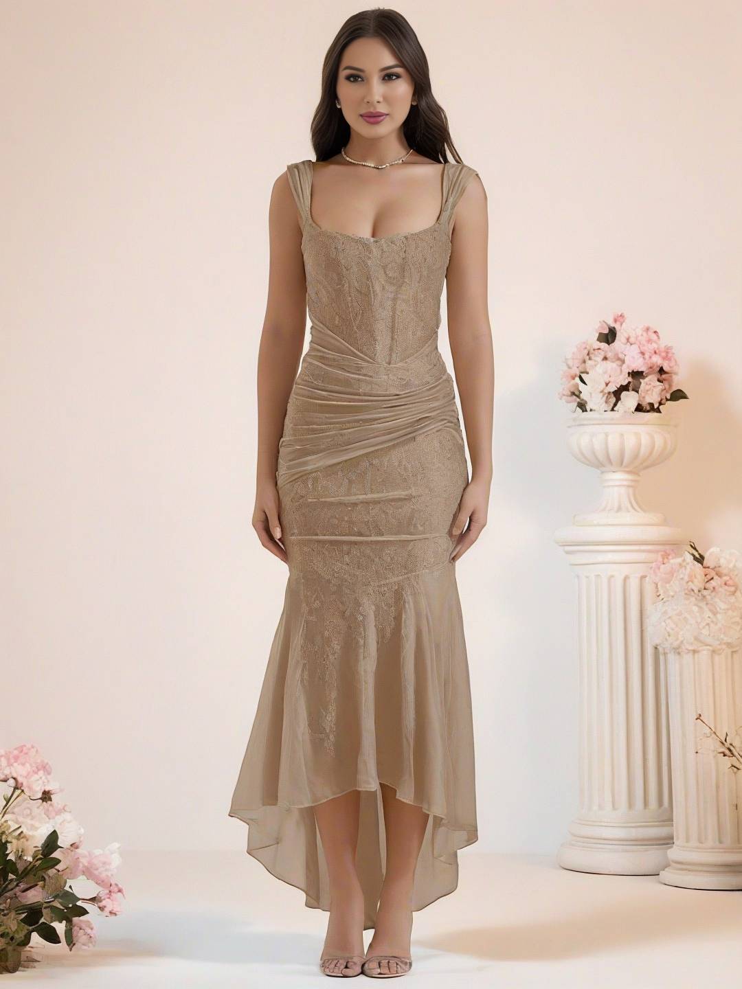 Cocolii longue robe de soirée moulante dentelle sirene bustier col bateau sans manches femme élégant cérémonie