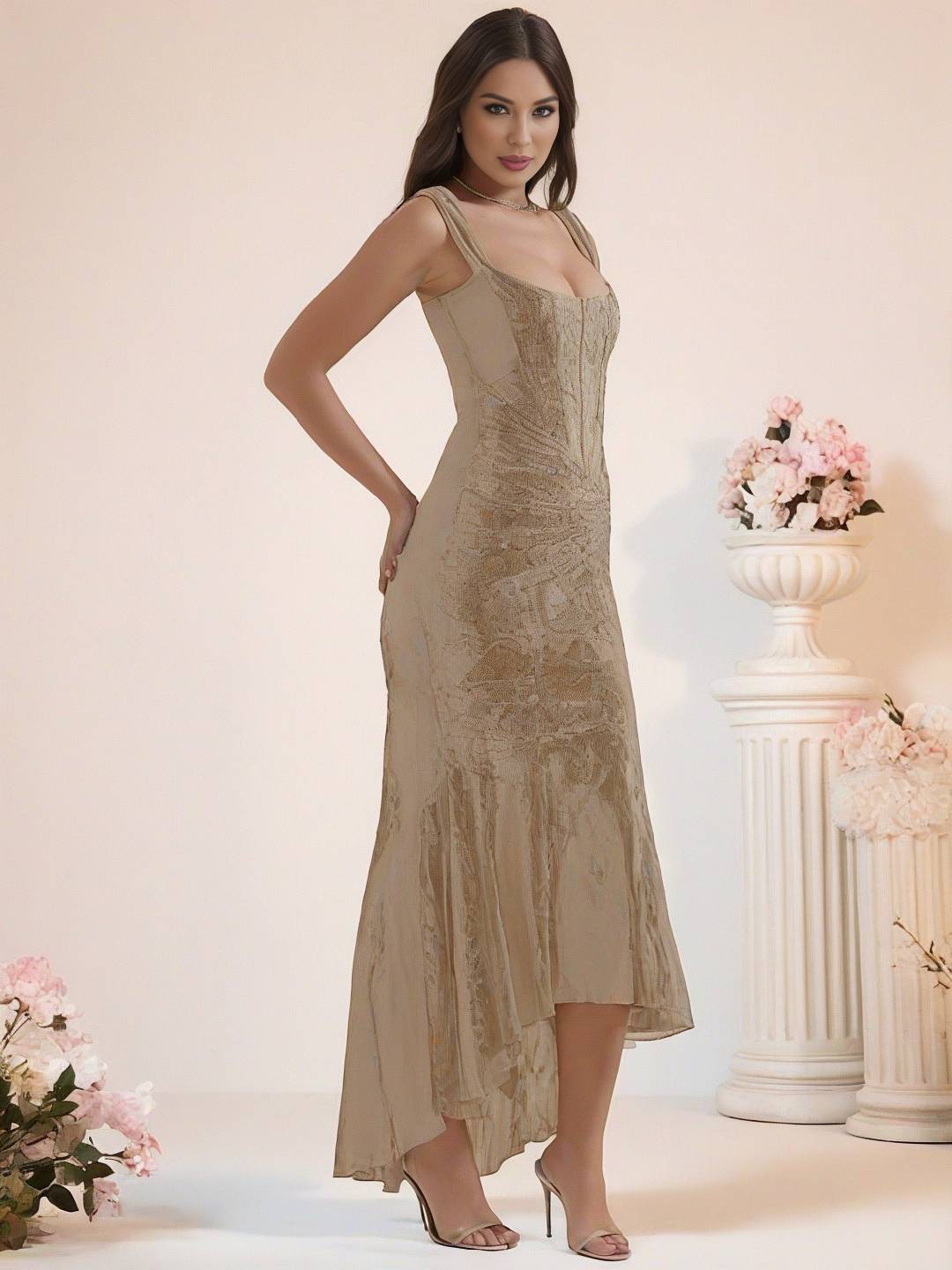 Cocolii longue robe de soirée moulante dentelle sirene bustier col bateau sans manches femme élégant cérémonie