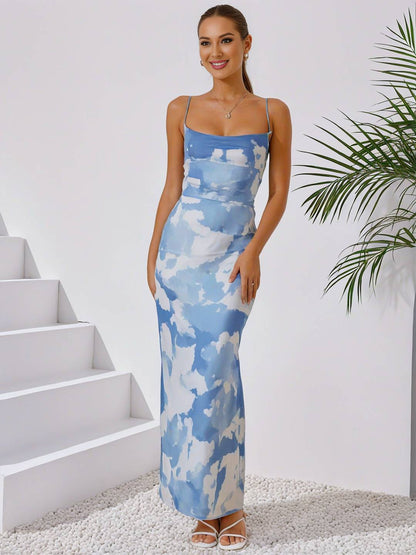 Cocolii robe longue imprimé à fleurie à fines brides dos nu sans manches élégant femme robe de soirée cérémonie